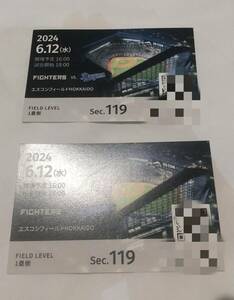 2024/6/12( water ) Hokkaido Nippon-Ham Fighters VS Chunichi Dragons 2 sheets set es navy blue field 1. side FIELD LEVEL SEC.119 pair 