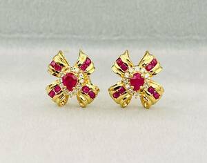 k18 yellow gold ruby diamond earrings 18 gold accessory size approximately 1.3cm weight approximately 3.79g