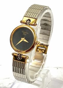 Christian Dior クリスチャン・ディオール クォーツ レディース腕時計 3025 黒文字盤 金メッキ SS 電池交換済み fah 5A051