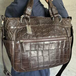  ultimate beautiful goods JRA recognition goods A4 possible 2way crocodile men's tote bag business bag shoulder high capacity hand exotic leather tea Brown 