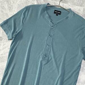 美品 黒タグ 最高級 GIORGIO ARMANI ノーカラー ハーフボタン 半袖 Tシャツ ポロシャツ カットソー ストレッチ メンズ 46 イタリア製 503