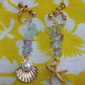 ハンドメイド イヤリング 夏 貝がら ヒトデ フローライト