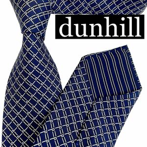 【美品】dunhillダンヒル　d柄　チェック柄　ネイビーシルクネクタイ