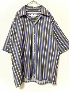 マルニ　marni ストライプ　ロゴ刺繍　オープンカラーシャツ　開襟　メンズ　コットン　48 パープル　半袖　ハーフスリーブ