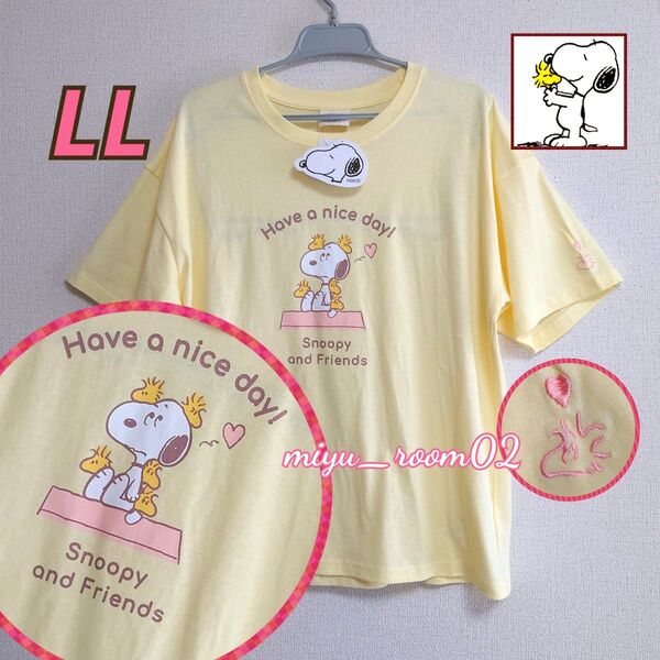 【新品】スヌーピー&ウッドストック Tシャツ(綿100%)☆LL
