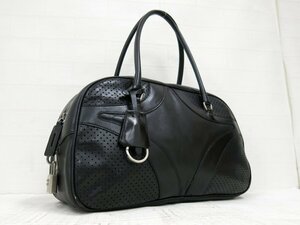 ◆PRADA プラダ◆パンチング◆カーフ レザー 本革◆ハンド バッグ ボーリング◆ブラック シルバー金具◆イタリア製◆腕掛け◆A5035