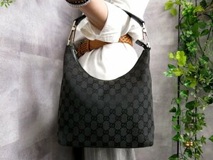 ●美品●GUCCI グッチ●GGキャンバス カーフ レザー 本革●ハンド バッグ●黒●シルバー金具●イタリア製●腕掛け●かばん●Js46301