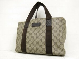 ◆GUCCI グッチ◆GGスプリーム◆ロゴ型押し◆PVC カーフ レザー 本革◆ハンド バッグ◆ベージュ ブラウン◆イタリア製◆腕かけ◆A4954