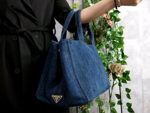 ●超美品●PRADA プラダ●カナパ●三角ロゴプレート●デニム●ハンド トート バッグ●ブルー●G金具●腕掛け●B5 収納 かばん●Js46802