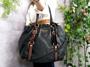 ●超美品●PRADA プラダ●ロゴ金具●カーフ レザー 本革●2way トート バッグ●黒 ブラウン●G金具●斜め掛け●A4 収納 かばん●Js46761