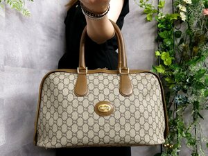 ●超美品●GUCCI オールド グッチ●グッチプラス●ロゴ金具●PVC カーフ レザー 本革●ハンド バッグ●ブラウン ベージュ●G金具●Js46926