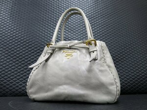 ◆美品◆PRADA プラダ◆ロゴ金具◆カーフ レザー 本革◆ミニ ハンド バッグ◆グレージュ ゴールド金具◆イタリア製◆リボン◆A5415