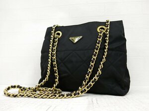 ◆美品◆PRADA プラダ◆ナイロン カーフ レザー 本革◆チェーン ショルダー バッグ◆黒 ゴールド金具◆イタリア製◆ヴィンテージ◆A5411