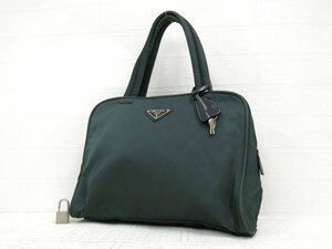 ◆美品◆PRADA プラダ◆ナイロン カーフ レザー 本革◆ハンド バッグ◆グリーン SV金具◆イタリア製◆腕掛け◆三角ロゴプレート◆A5382