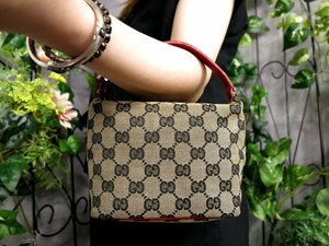 ●超美品●GUCCI グッチ●GGキャンバス カーフ レザー 本革●ポーチ ミニ ハンド バッグ●ネイビー ベージュ 赤●G金具●かばん●Js47324