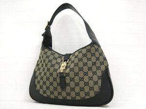 ◆美品◆GUCCI グッチ◆ジャッキー◆GGキャンバス カーフ レザー 本革◆ワン ショルダー バッグ◆黒 ベージュ G金具◆イタリア製◆A5495