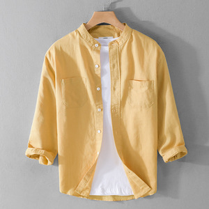 未使用 お色選択可 リネンシャツ 七分袖シャツ 立ち襟Ｔシャツ 半袖シャツ夏新品綿麻メンズシャツ ヴィンテージ薄手ワイシャツ心地良し黄色
