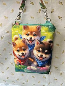 S12 柴犬パネル　片面使いファスナー閉じマチ付きミニポーチ　持ち手付き　ハンドメイド