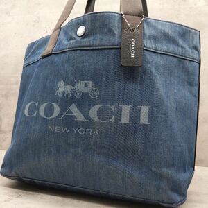 1円〜 COACH コーチ トートバッグ デニム テンディゴ でかロゴ チャーム A4収納 肩かけ 通学通勤 メンズ レディース 男女兼用 キャンバス