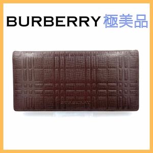 BURBERRY バーバリー バーバリーチェック レザー 長財布 レディース メンズ 二つ折り財布 ブラウン 茶系 茶色 美品