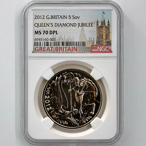 2012 英国 エリザベス2世 ダイヤモンド・ジュビリー ソブリン 5ポンド 金貨 NGC MS 70 DPL 完全未使用品 即位60周年記念 聖ジョージ竜退治