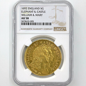 1692 英国 ウィリアム＆メアリー エレファントとキャッスル 5ギニー 金貨 NGC AU 58 極美品 イギリス 金貨