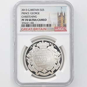 2013 英国 ジョージ王子 洗礼式 5ポンド 銀貨 プルーフ NGC PF 70 UC 最高鑑定 完全未使用品 イギリス 銀貨