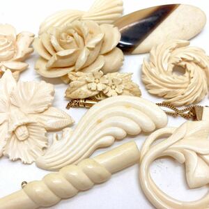 「アイボリーブローチ12点おまとめ」j 重量約95.0g アイボリー Ivory ivory 彫刻 花 リス 大ぶり ブローチ broach accessory jewelry DA0