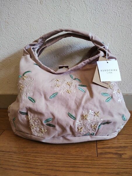 KUROCHIKU LINK 　京都くろちく　花模様刺繍　ミニラウンドバッグ