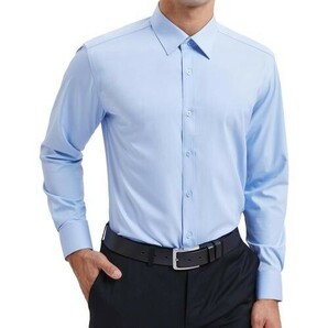メンズワイシャツ 長袖 通気 レギュラーカラー ビジネス/無地 (首回り41cm, 03青)