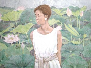 ▲真作 日本画▲埼玉県展出品・リアリズム【栗田紀子】「浄華 美人画」出品票 共シール▲F60号 キャンパスのみ▲写実 浦和画家 発送260