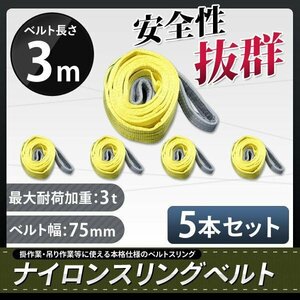 5本セット ナイロンスリングベルト 3m 幅75mm 荷重3000kg 3t 玉掛け ベルトスリング 吊上げ ロープ 牽引 お買い得!