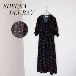 SHEENA DEL RAY デザイン 総柄 ロング ワンピース ネイビー M