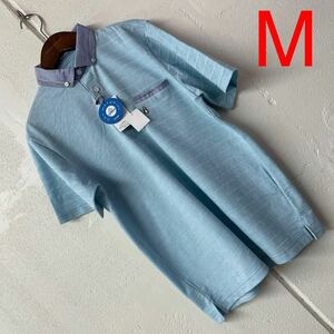 Mサイズメンズ胸ポケット半袖ポロシャツ　ブルー