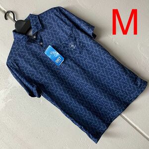 Mサイズメンズ胸ポケット速乾素材半袖ポロシャツ柄物ブルー