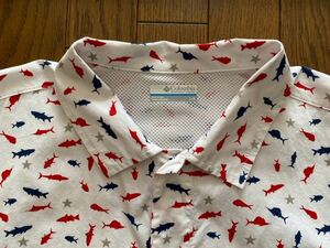 ★中古シャツ★Columbia コロンビア★半袖シャツ★白地に赤と紺の魚柄★ Lサイズ★