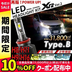 LED 信玄 XR H8 H9 H11 H16兼用 8000lm 簡単取付 31800cd ヘッドライト フォグ 3000K 4300K 6500K 8000K 10000K ファンレス 車検 2年保証