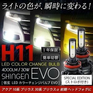 アクア 10系 プリウス 30系 X-TRAIL N-WGN N-BOX H11 LED ヘッドライト 3色切替 ストロボ 3000K 4300K 6000K 実測値21500cd 信玄 EVO