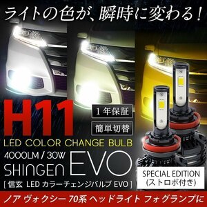 送料無料 LED フォグランプ 3色切替 カラーチェンジ ストロボ 3000K 4300K 6000K H11 実測値21500cd 信玄 EVO ヴォクシー 70 プリウス 30