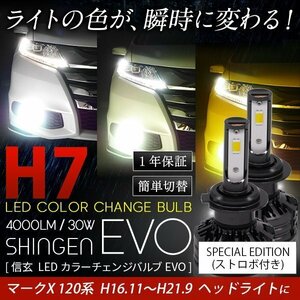 3色切替 カラーチェンジ 3000K 4300K 6000K ストロボ H7 LEDヘッドライト 実測値21500cd 信玄 EVO マークX 120系 H16.11～H21.9