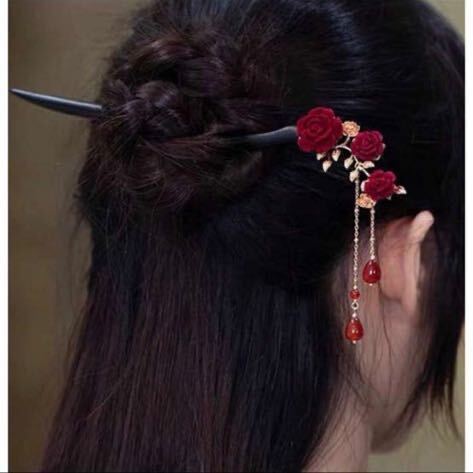 和風 ゴスロリ ゆらゆらビーズ 薔薇 枝風 かんざし ブラック ゴールド