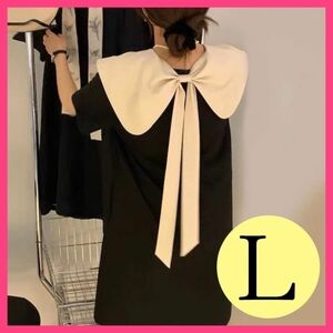 【期間限定価格】ワンピース　ドレス　黒　半袖　リボン　襟　パーティー　韓国