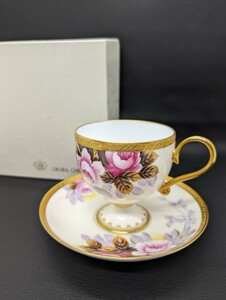 1円~ 未使用 コレクター所蔵【OKURA Noritake 細足 ティーカップ＆ソーサー ハンドペイント】ノリタケ 大倉陶園 手描き 金彩 西洋磁器 箱付