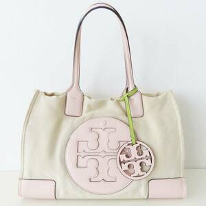 M05 TORY BURCH トリーバーチ チャーム付き キャンバス/レザー トートバッグ ベージュ/ピンク