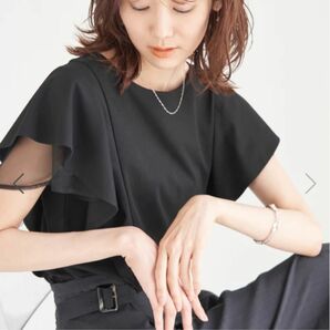 Rope picnic フリル袖カットトップス　黒　Tシャツ　上品 見え半袖 カットソー　M