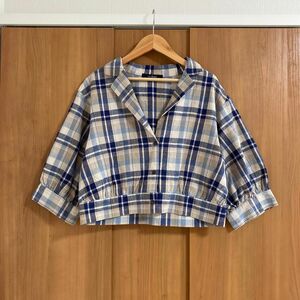 W closet 麻混　開襟シャツ　ブラウス　七分袖ジャケット　羽織り　青　リネン