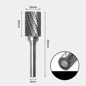 16 x 25mm 円筒型 ダブルカット シャンク径 6mm 超硬 ロータリーバー リュータービット 超硬バー