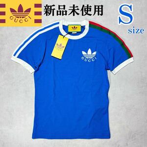 新品 正規品 Ssize グッチ × アディダス GUCCI adidas 半袖 Tシャツ ストライプ 人気 限定 コラボ 青 トレフォイル ライン ストレッチ