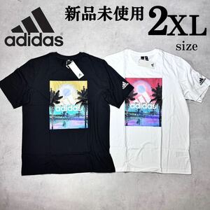 新品 正規 2XLsize アディダス Tシャツ ２枚セット 白 黒 パームツリー 半袖 クルーネック 夏 adidas ２枚まとめ 人気 ストライプ プリント