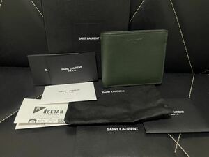 【漂う高級感】極美品 SAINT LAURENT サンローラン 二つ折り財布 財布 小銭入れ ウォレット 本革 レザー コンパクト グリーン オシャレ 